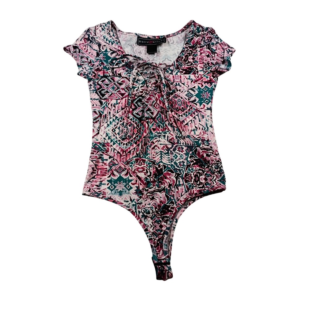 Polly & Esther Bodysuit Women Size M Pink Teal Good Lace Up Boho Geometric Print